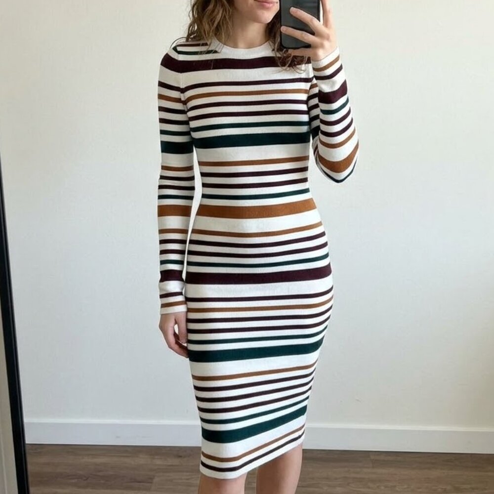 Women's Green Yellow Red Beige Striped Bodycon Midi Dress